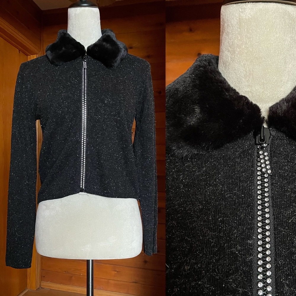 Vintage GANTOS Faux Fur Collar Metallic Rhinestone Embellished Cardigan Medium